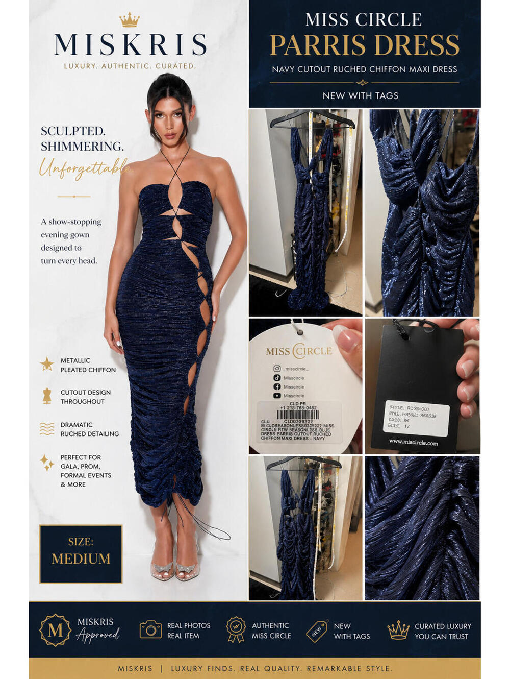 Miss Circle Parris Navy Cutout Ruched Chiffon Maxi Dress Navy Medium NWT